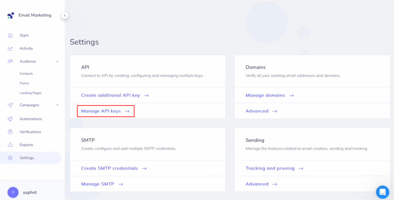 Elastic Email and Facebook integration | Go to the API section