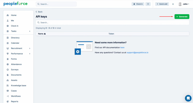 PeopleForce and Facebook integration | Click “Generate”