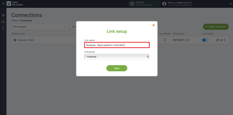 How to set up the upload of new leads from Facebook ad account to Slack private messages |&nbsp;Editing name of the connection