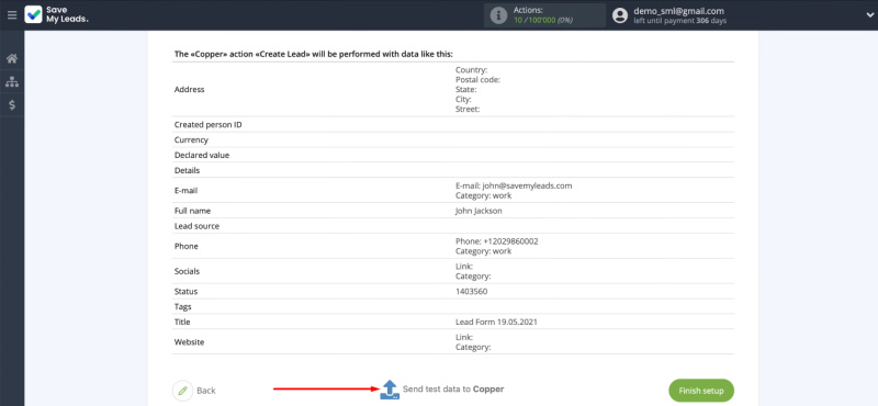 Facebook and Copper integration | Click “Send test data to Copper”