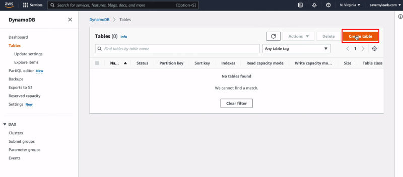 Facebook and Amazon DynamoDB integration | Click "Create table"