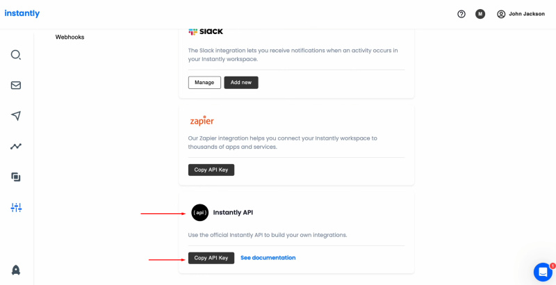 Facebook Lead Ads and Instantly integration | Copy the API key