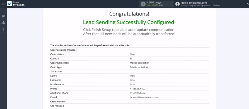Facebook and Simla integration | The test data