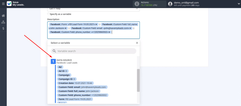 Facebook and Jira Service Desk integration | Select variables from the drop-down list