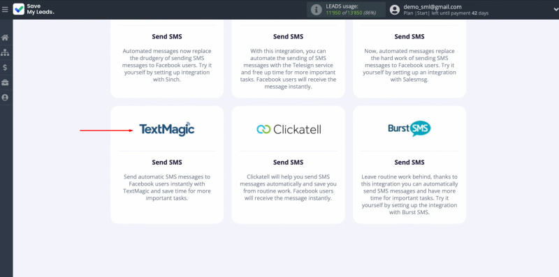 Textmagic and Facebook integration | Select the system where you want to transfer new leads