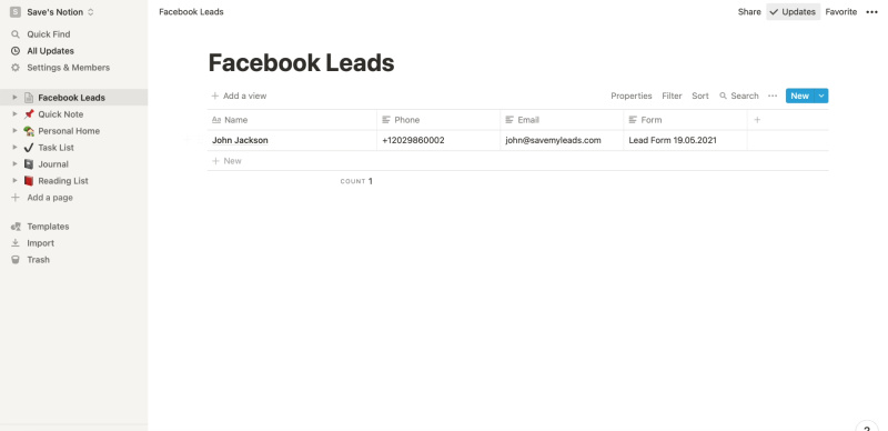 How to set up the upload of new leads from your Facebook ad account to Notion |&nbsp;Example of lead data in Notion