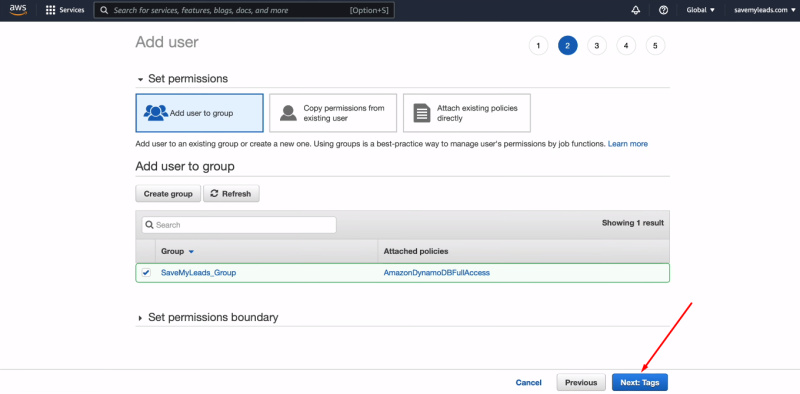 Facebook and Amazon DynamoDB integration | Click "Next: Tags"