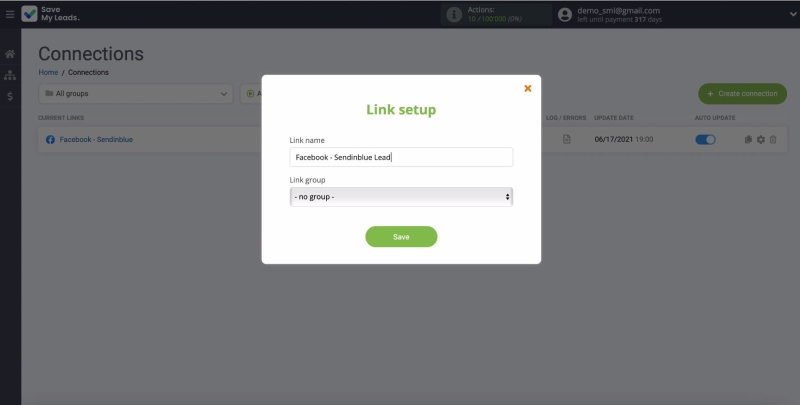 Facebook and Sendinblue integration | Window for changing the name of the connection