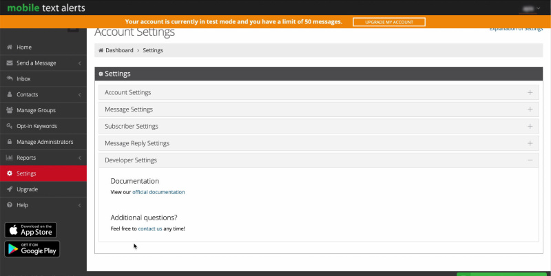 Facebook and Mobile Text Alerts integration | Developer Settings window with API key