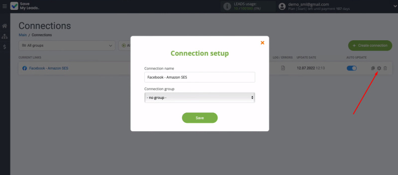 Facebook and Amazon SES integration | The connection settings