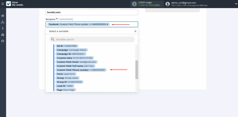 Telesign and Facebook integration | Select a variable from the drop-down list