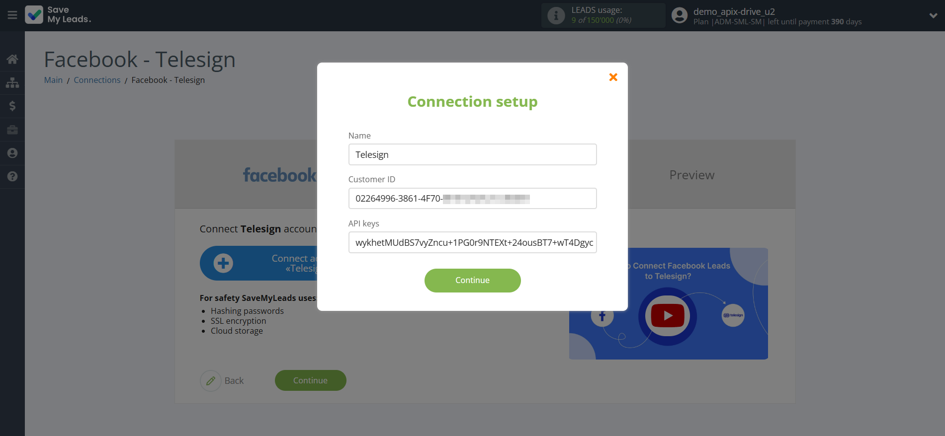 How to Connect Facebook with Telesign | Data Destination account connection