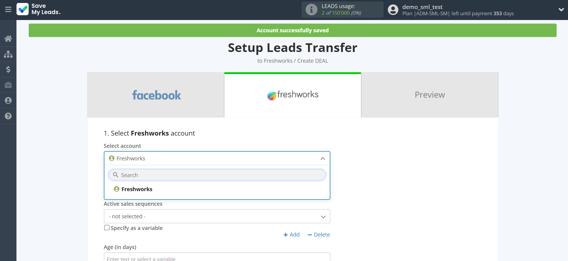 How to Connect Facebook with Freshworks Create Deal | Data Destination account selection