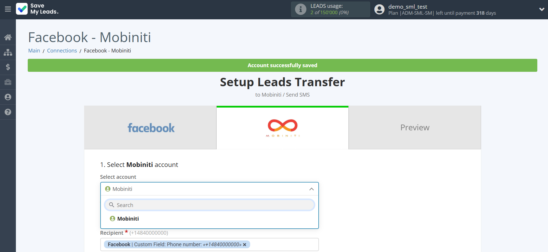 How to Connect Facebook with Mobiniti | Data Destination account selection