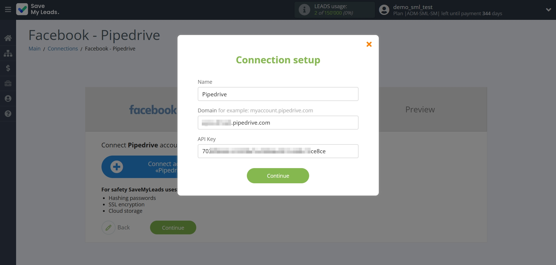 How to Connect Facebook with Pipedrive Create Task | Data Destination account connection