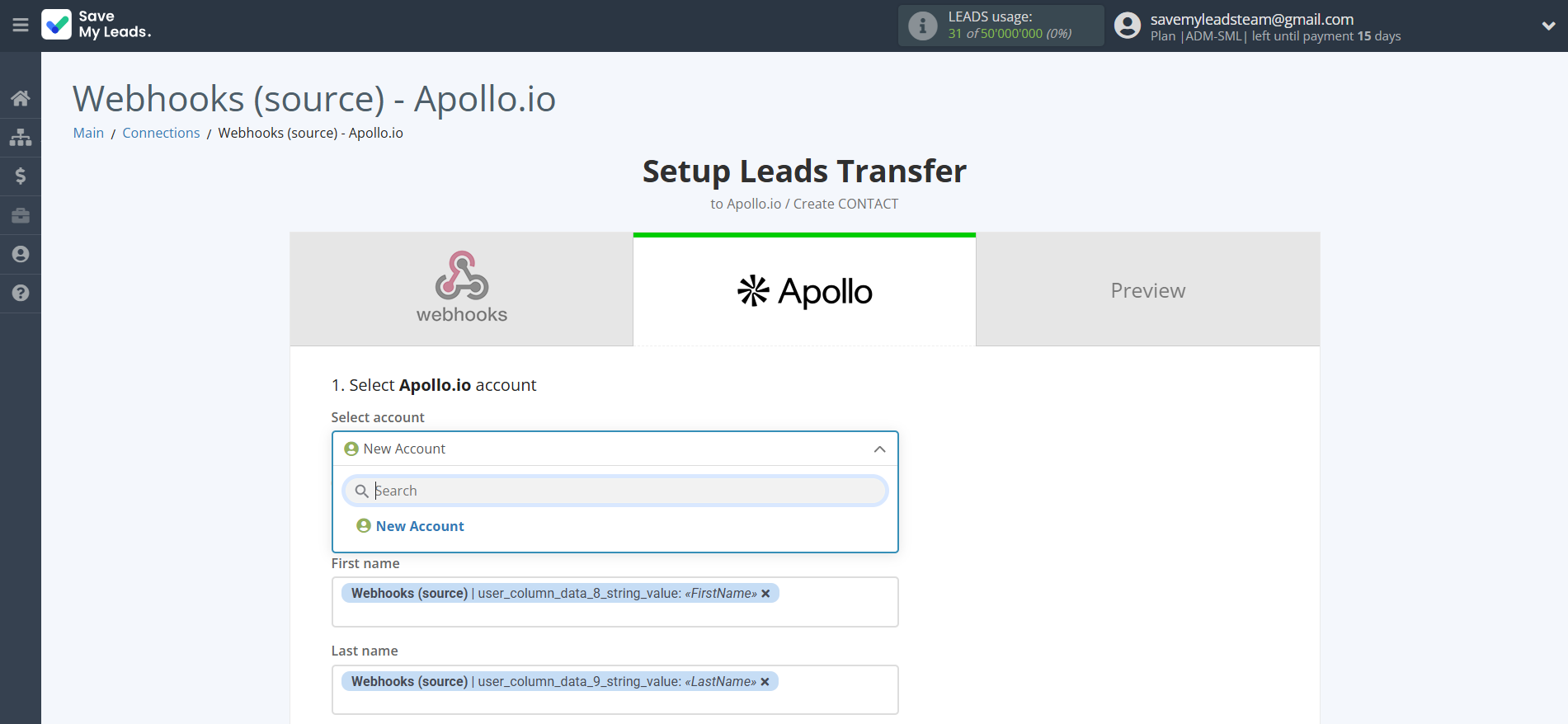 How to Connect Webhooks with Apollo.io Create Contacts | Data Destination account selection