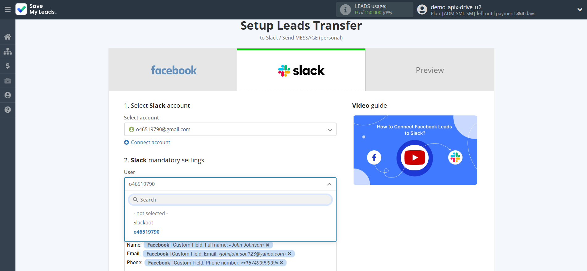 How to Connect Facebook with Slack Personal Notification | Assigning fields