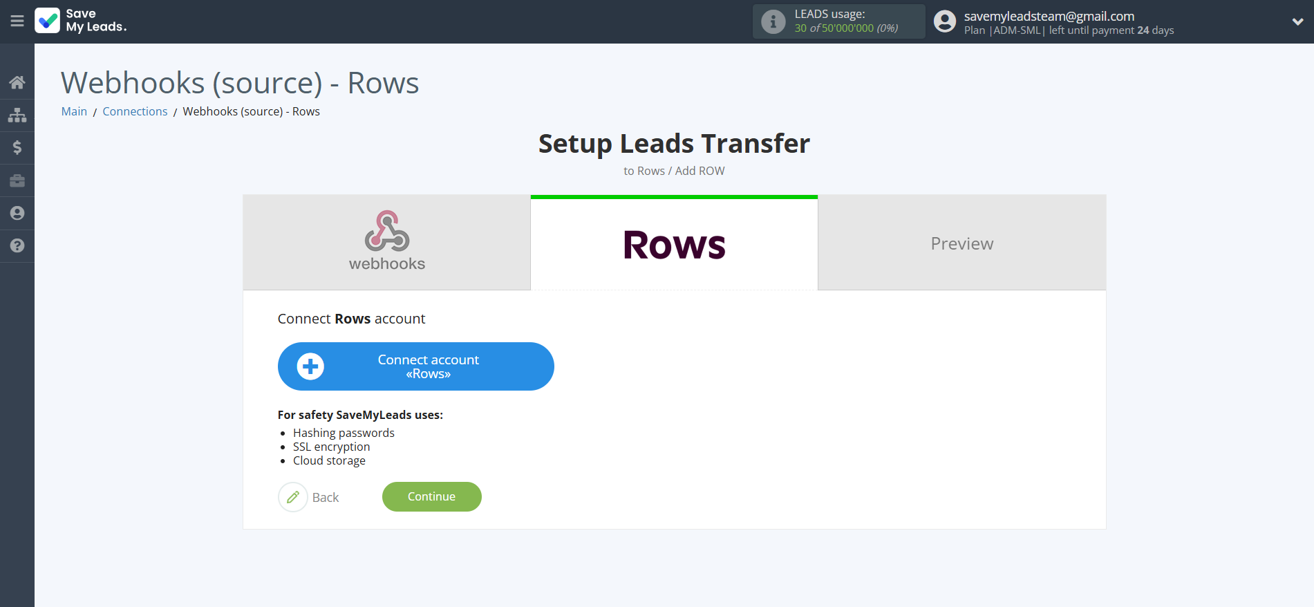 How to Connect Webhooks with Rows Add Row | Data Destination account connection