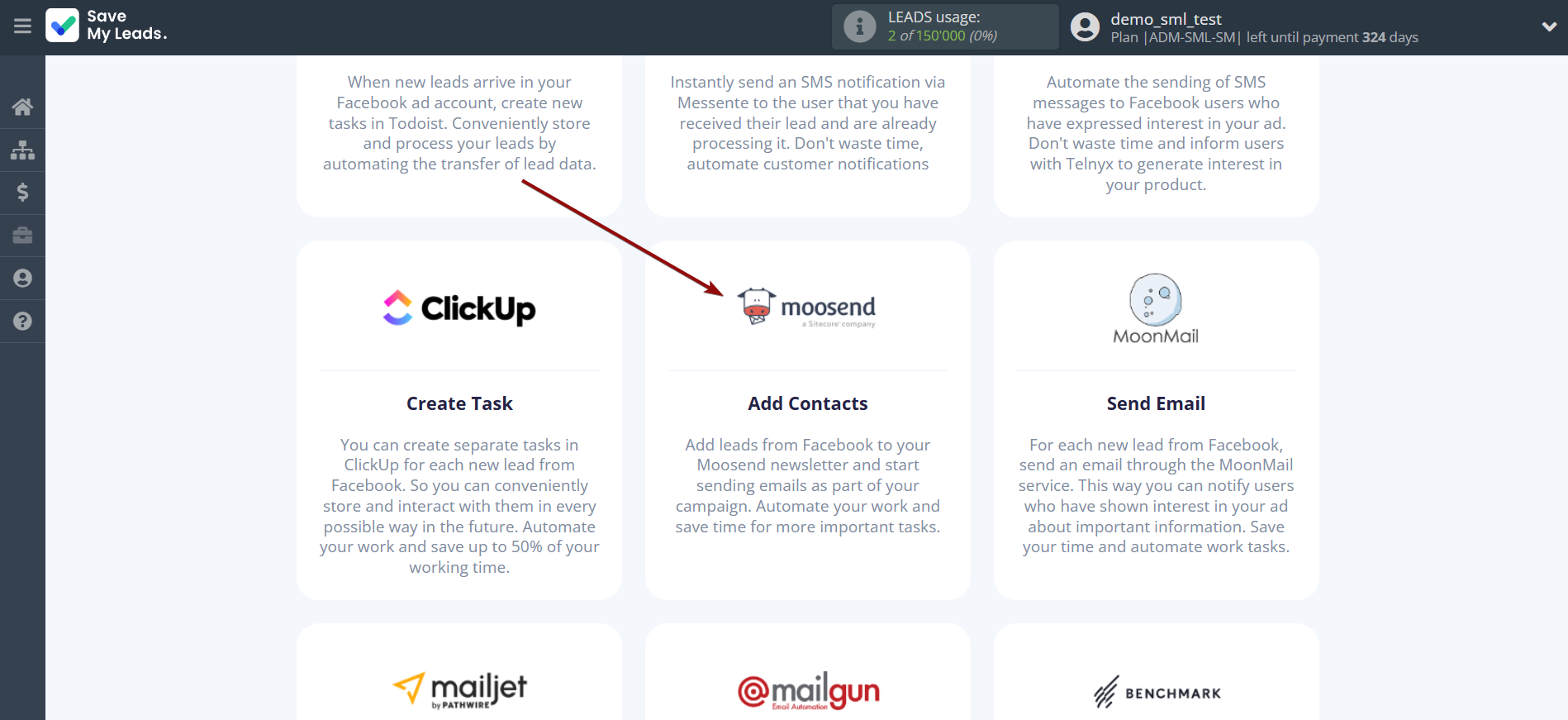 How to Connect Facebook with Moosend | Data Destination system selection