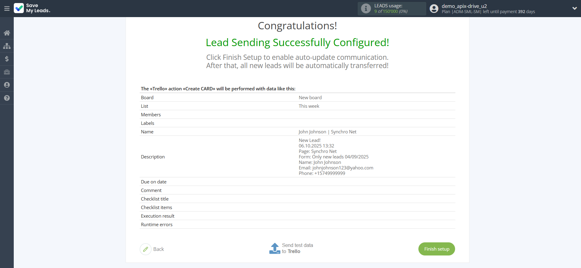 How to Connect Facebook with Trello | Test data