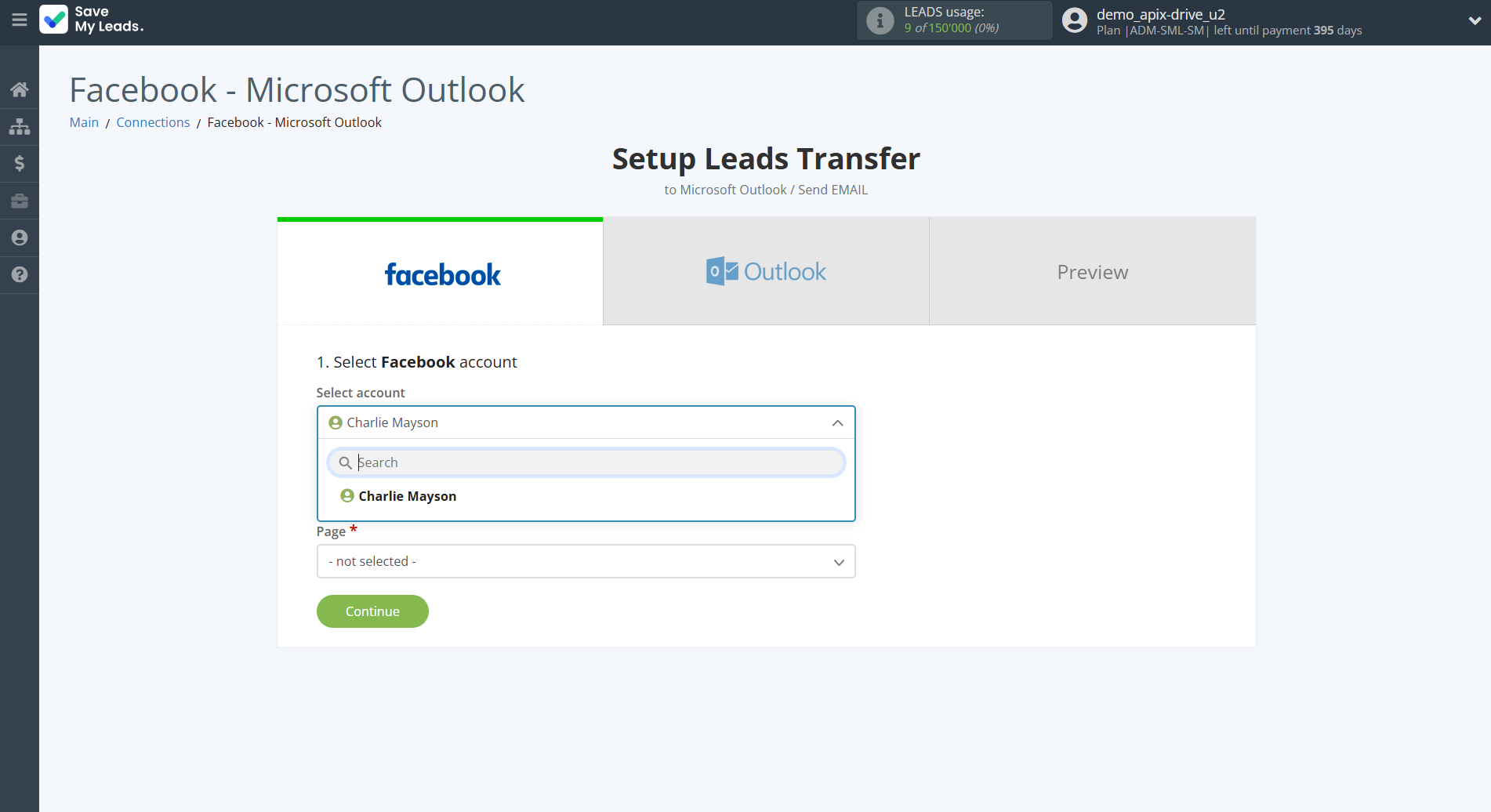 How to Connect Facebook with Microsoft Outlook | Data Source account selection
