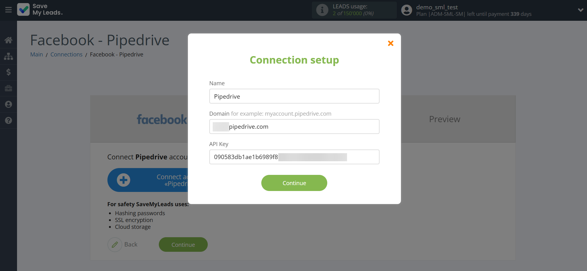 How to Connect Facebook with Pipedrive Create Contacts | Data Destination account connection