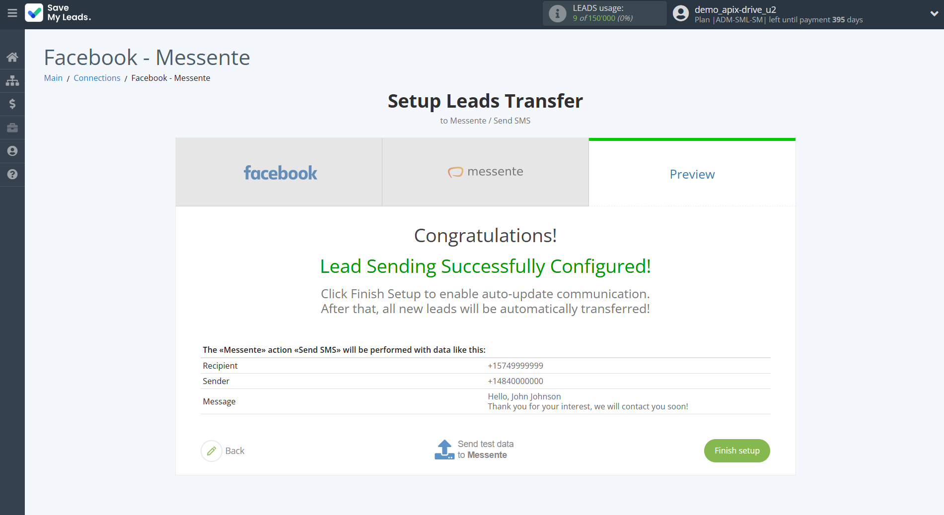 How to Connect Facebook with Messente | Test data