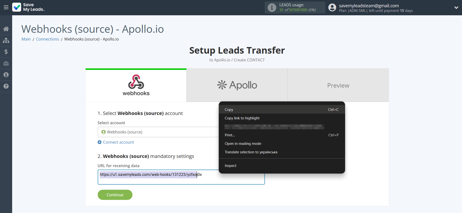 How to Connect Webhooks with Apollo.io Create Contacts | Data Source account connection
