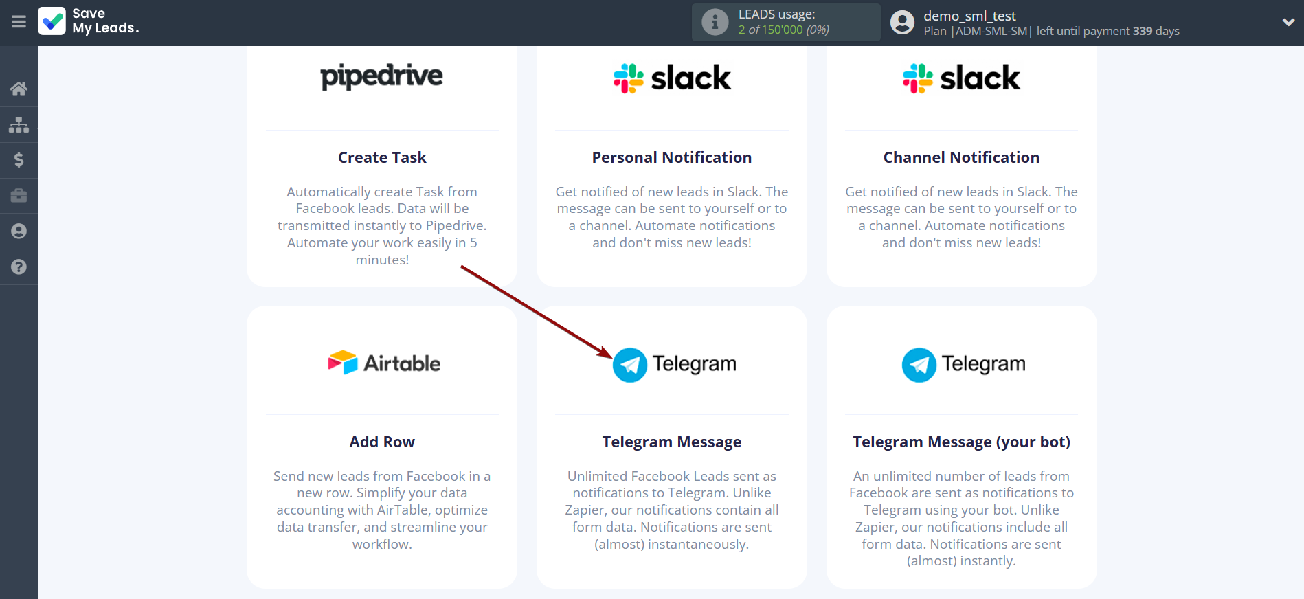 How to Connect Facebook with Telegram | Data Destination system selection