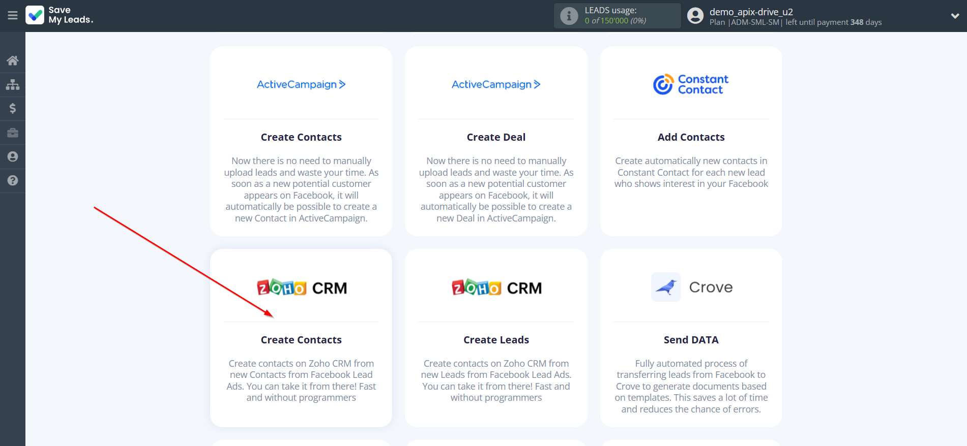 How to Connect Facebook with Zoho CRM Create Contacts | Data Destination system selection How to Connect Facebook with Zoho CRM Create Contacts | Data Destination system selection