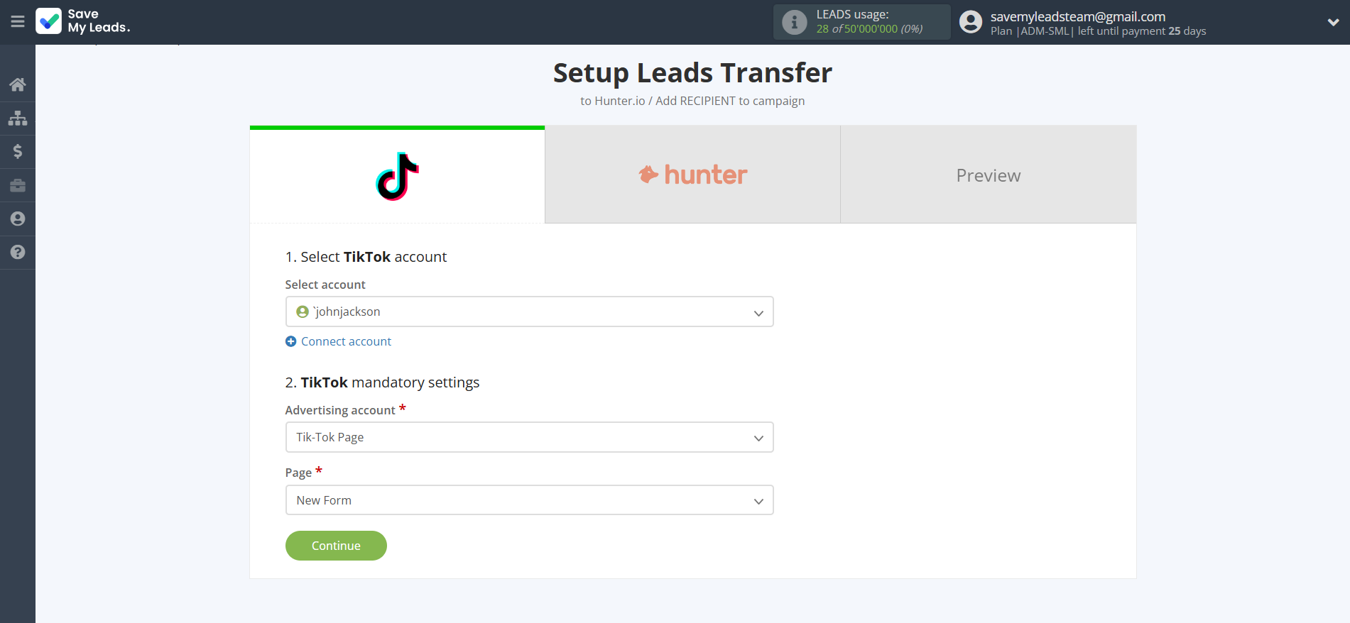How to Connect TikTok with Hunter.io | Data Source account connection