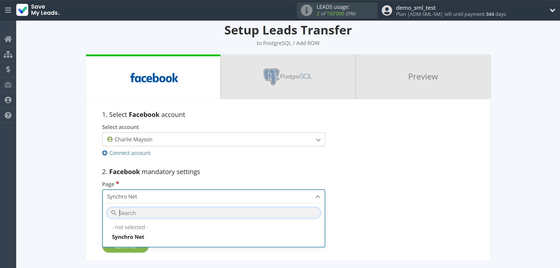 How to Connect Facebook  with PostgreSQL | Data Source account selection