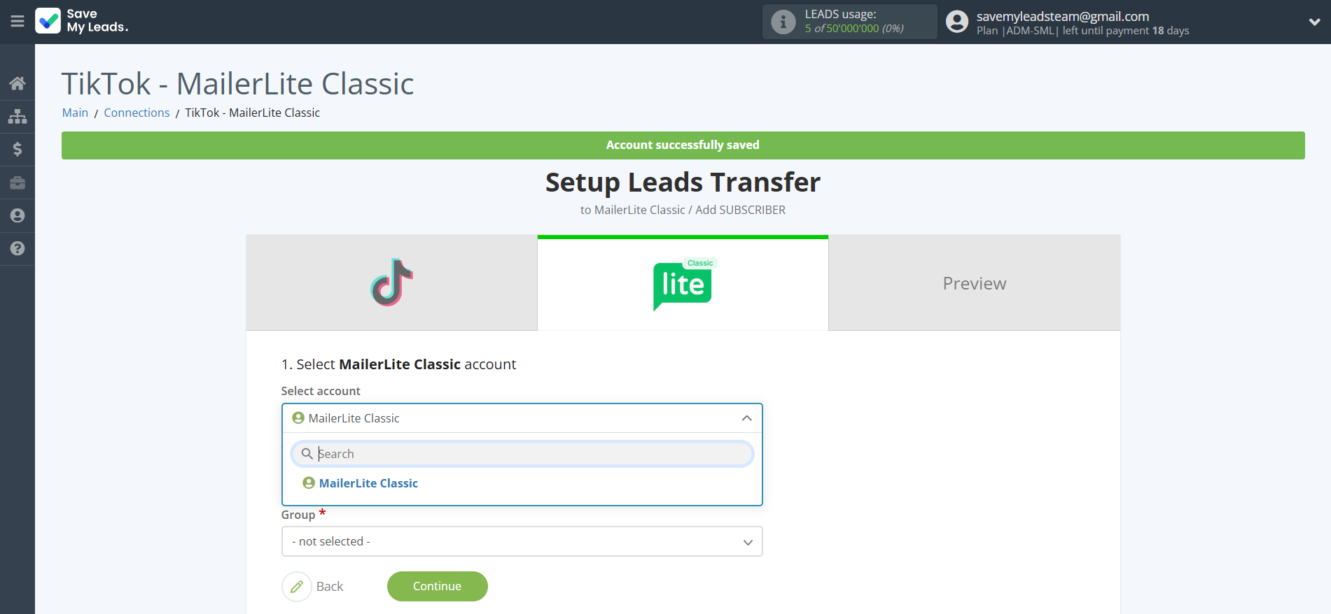 How to Connect TikTok with MailerLite Classic | Data Destination account selection How to Connect TikTok with MailerLite Classic | Data Destination account selection