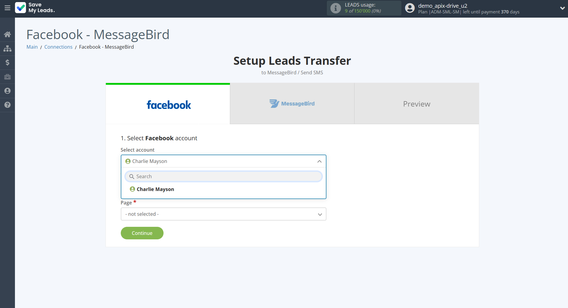 How to Connect Facebook with MessageBird | Data Source account selection