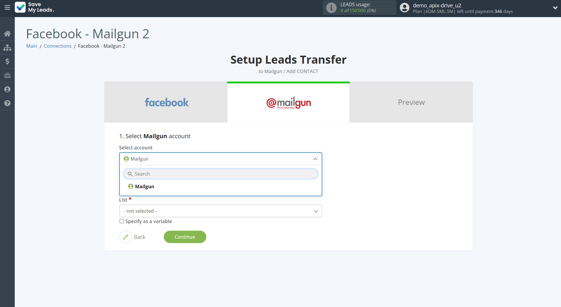 How to Connect Facebook with Mailgun | Data Destination account selection How to Connect Facebook with Mailgun | Data Destination account selection