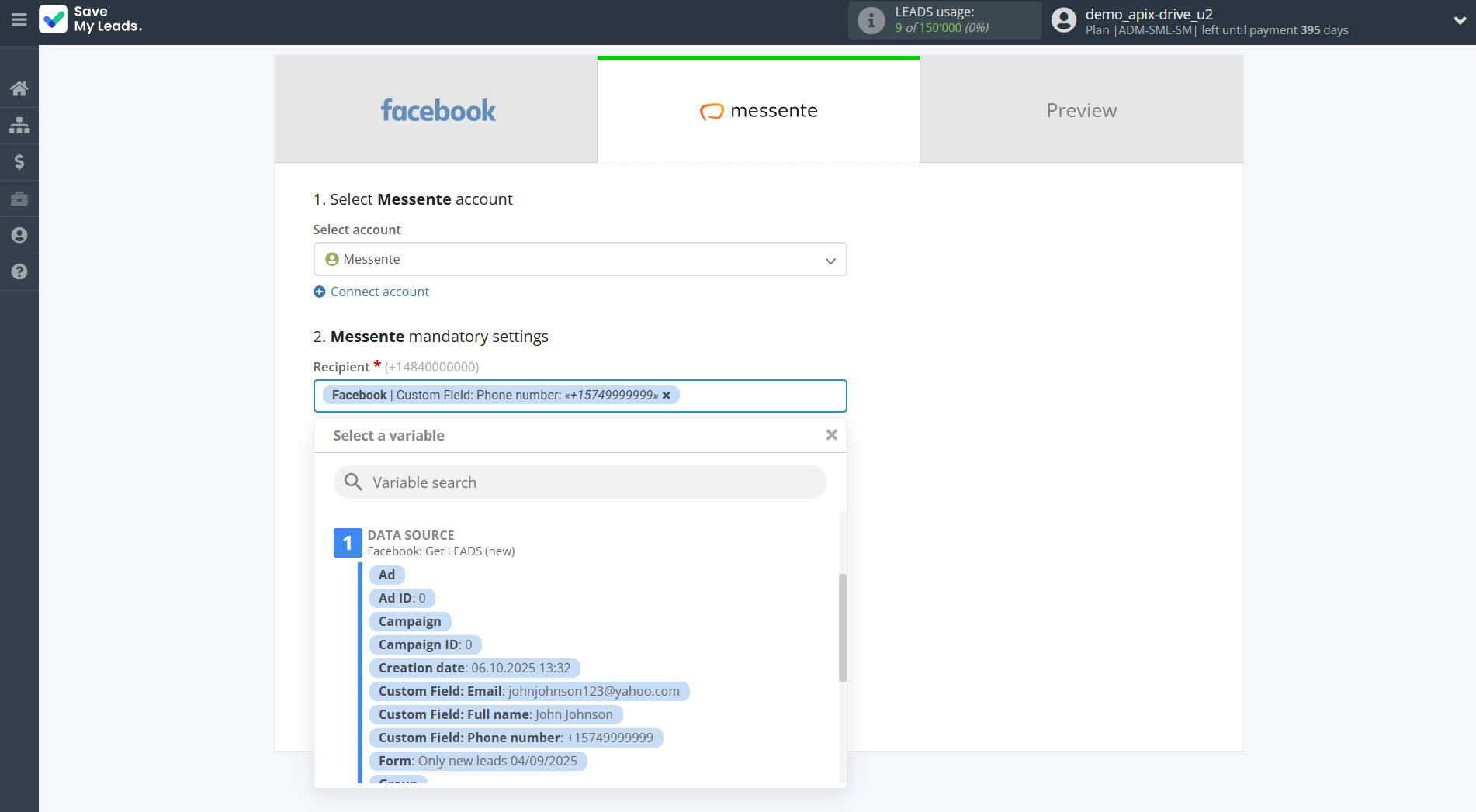 How to Connect Facebook with Messente | Assigning fields