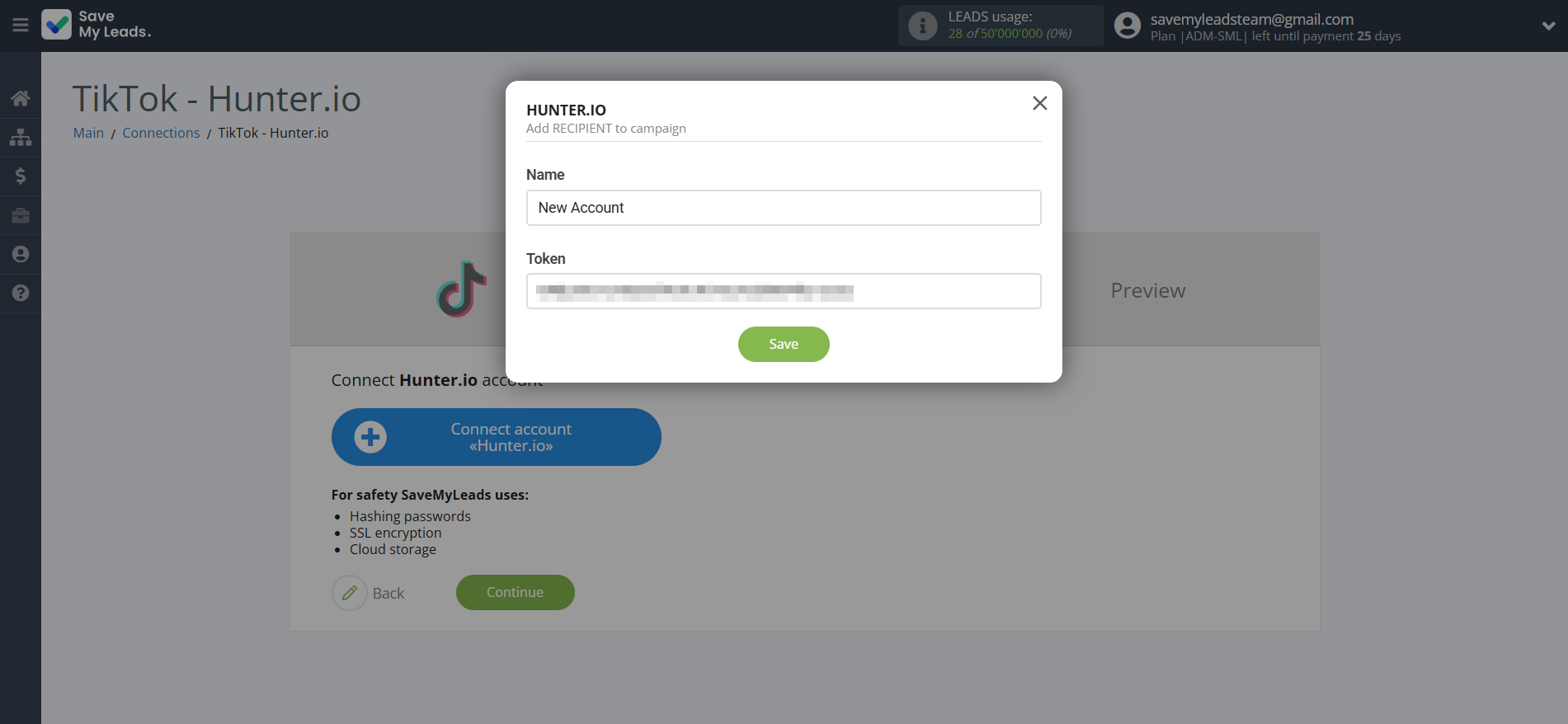 How to Connect TikTok with Hunter.io | Data Destination account connection