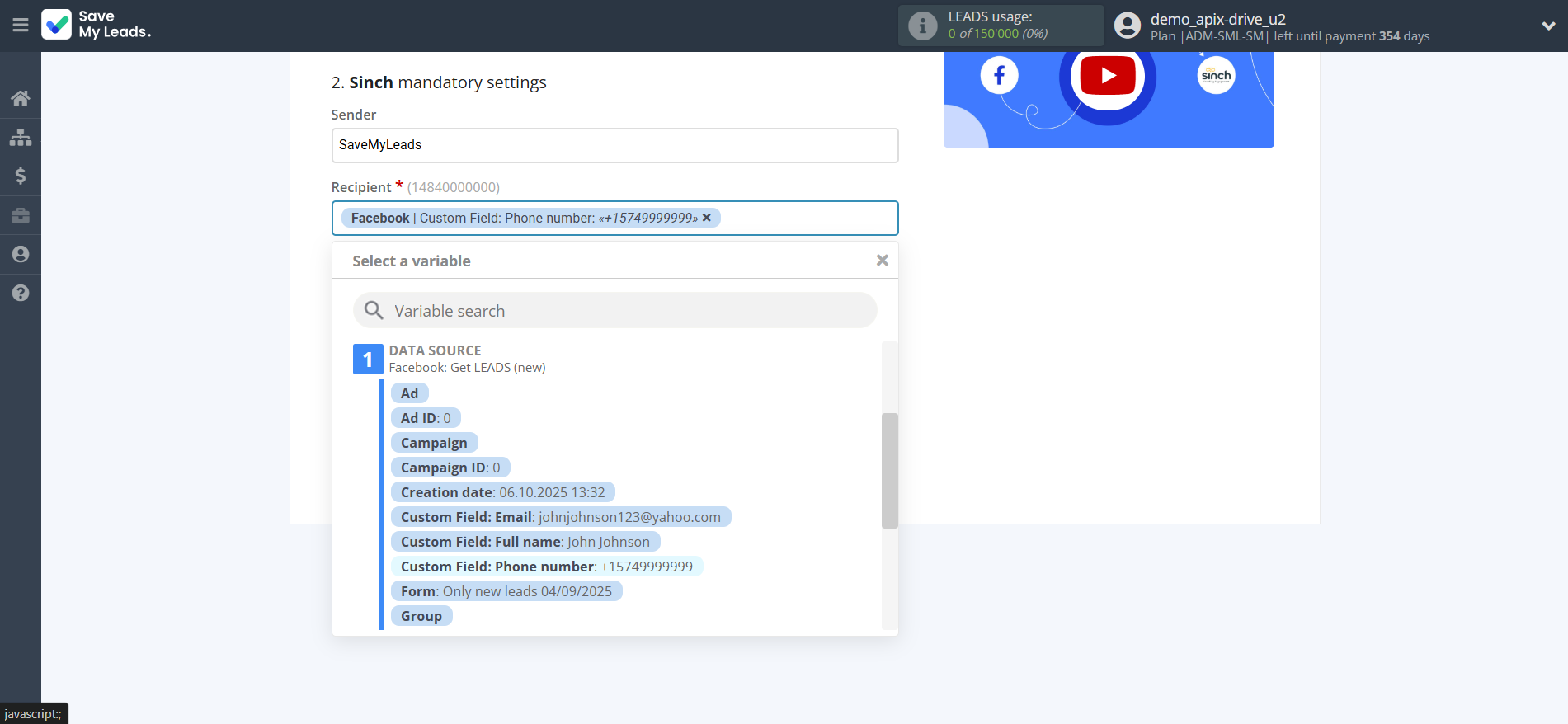How to Connect Facebook with Sinch | Assigning fields