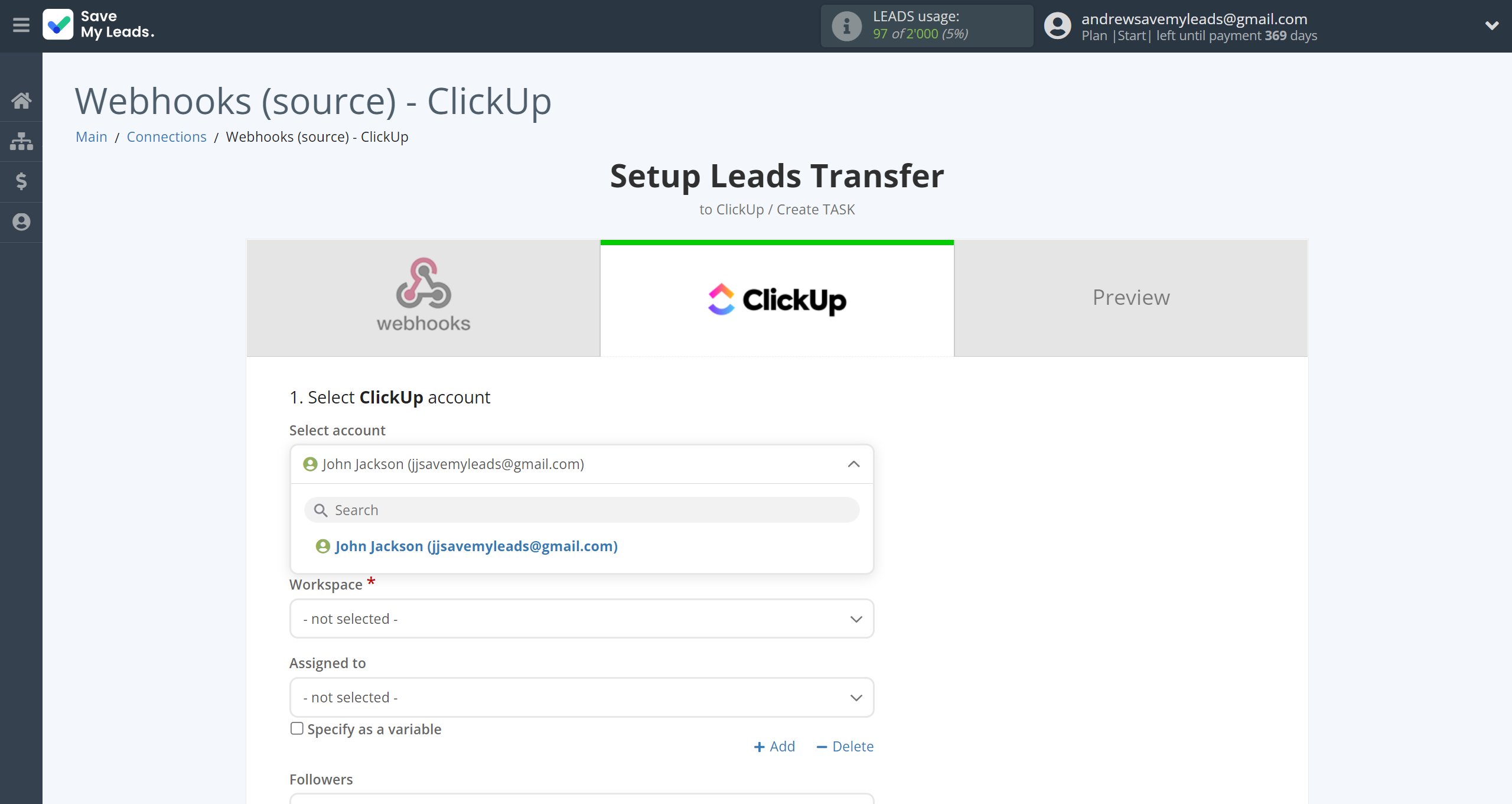 How to Connect Webhooks with ClickUp | Data Destination account selection How to Connect Webhooks with ClickUp | Data Destination account selection