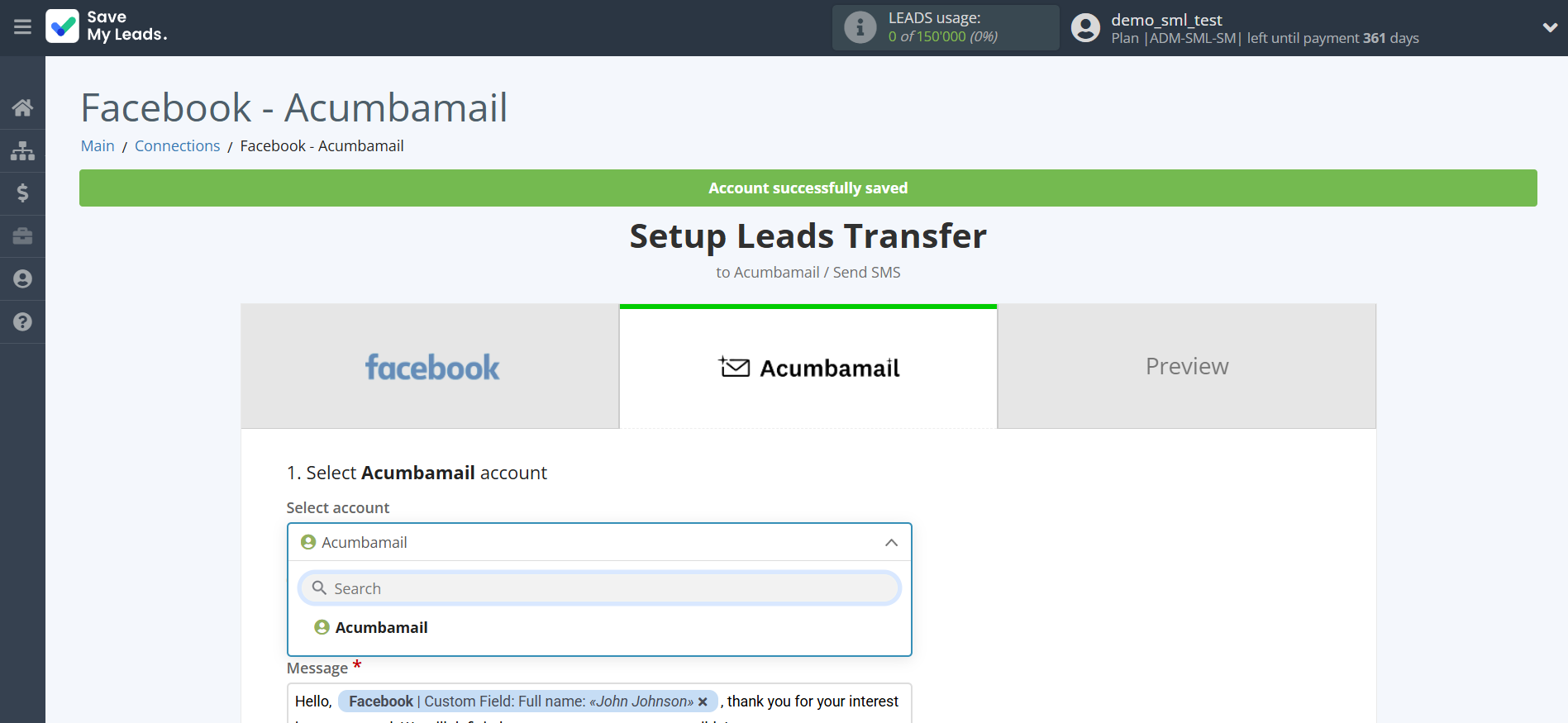 How to Connect Facebook with Acumbamail Send SMS | Data Destination account selection How to Connect Facebook with Acumbamail Send SMS | Data Destination account selection