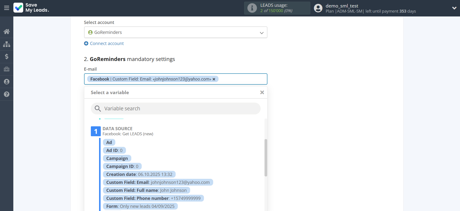 How to Connect Facebook with GoReminders | Assigning fields