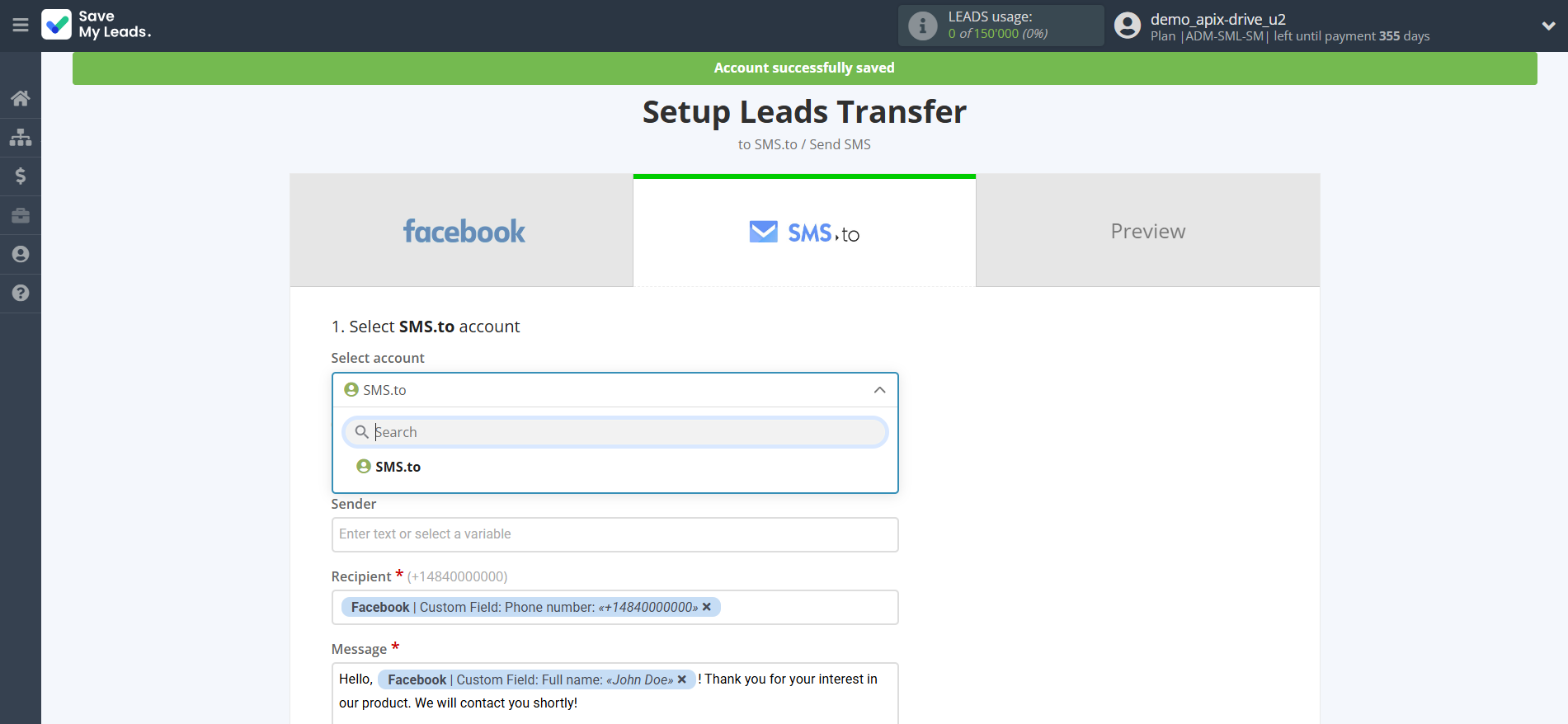 How to Connect Facebook with SMS.to | Data Destination account selection How to Connect Facebook with SMS.to | Data Destination account selection