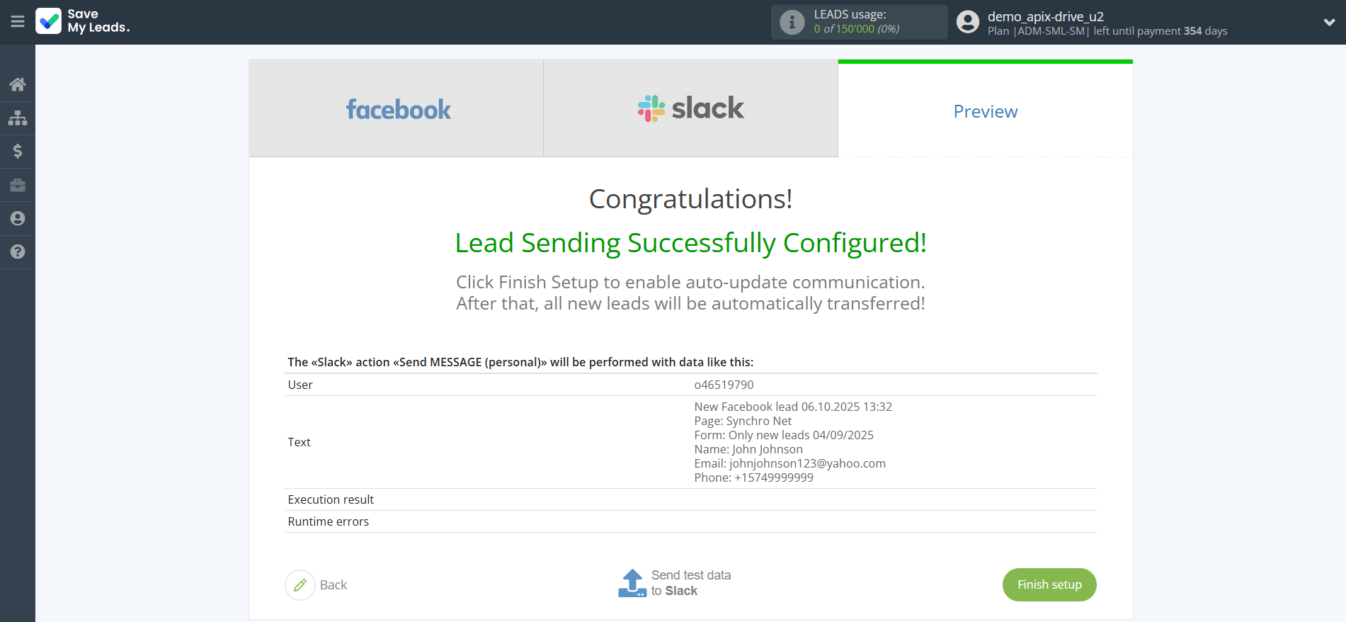 How to Connect Facebook with Slack Personal Notification | Test data