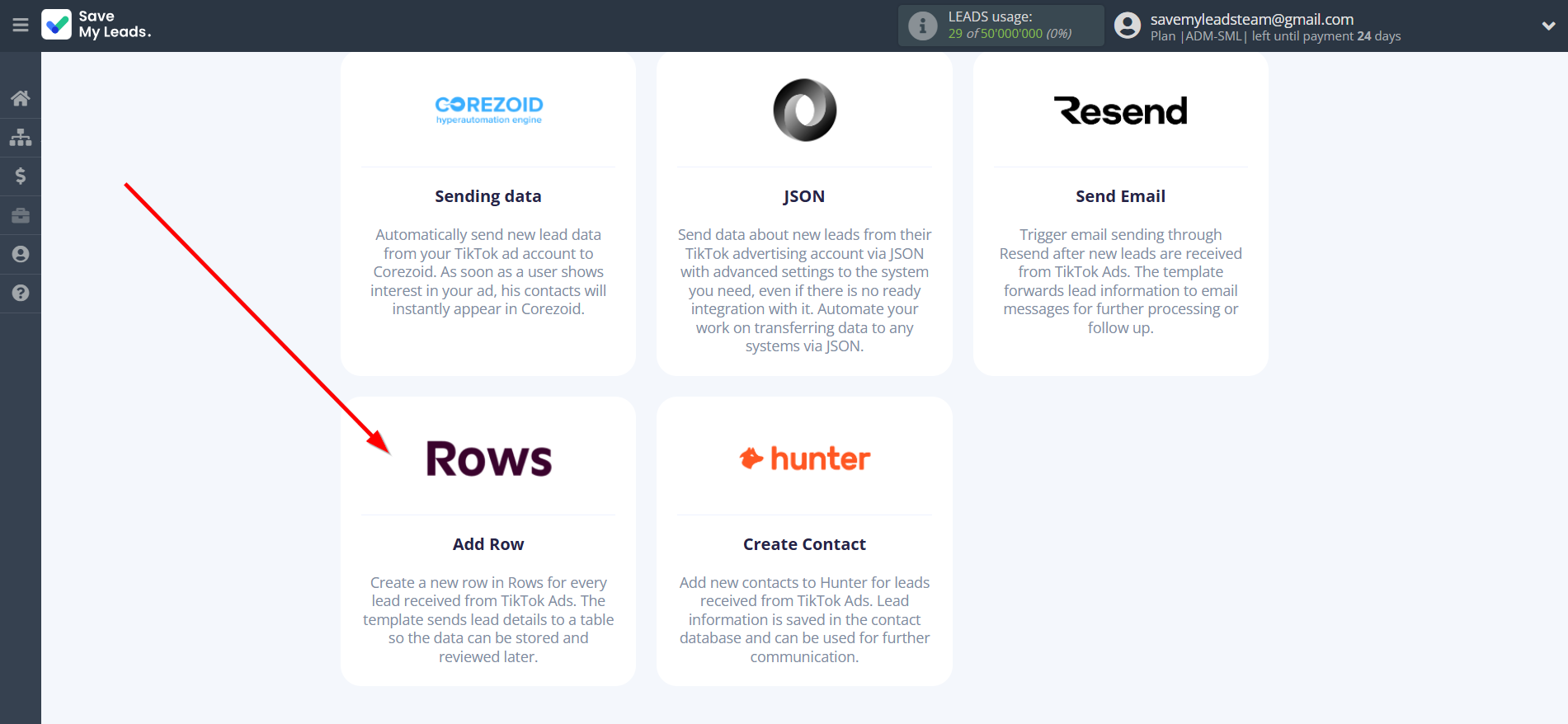 How to Connect TikTok with Rows Add Row | Data Destination system selection
