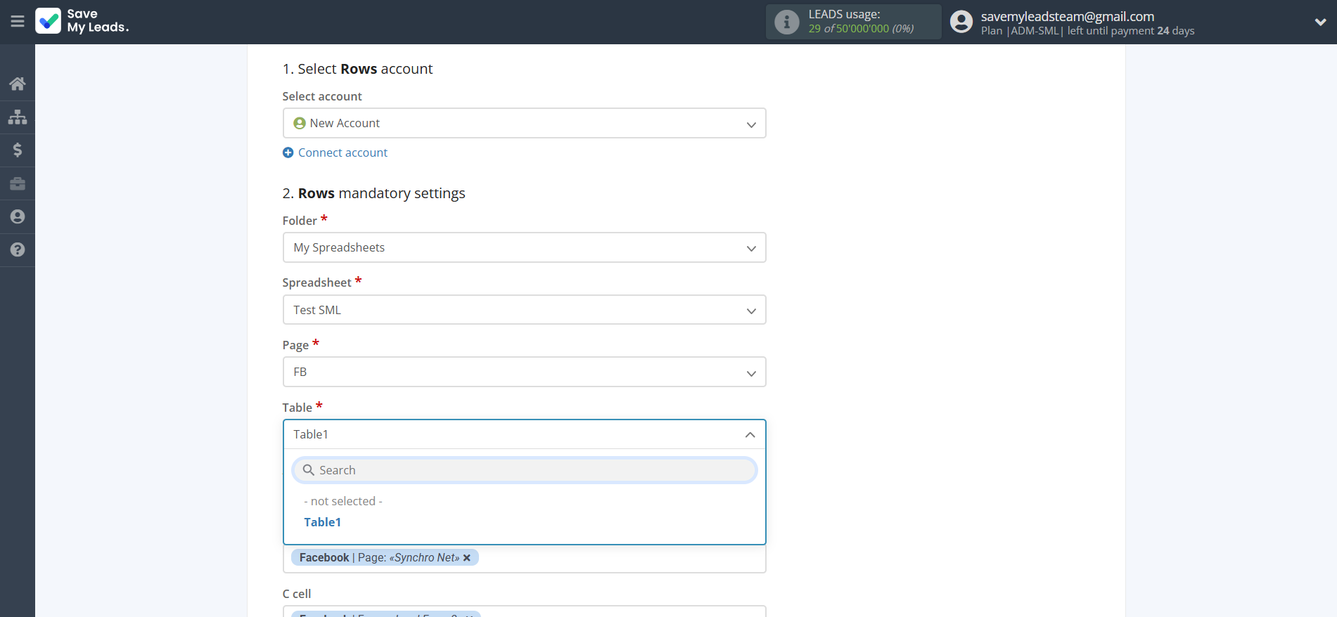 How to Connect Facebook with Rows Add Row | Assigning fields