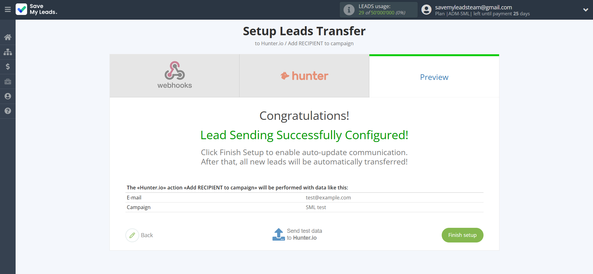 How to Connect Webhooks with Hunter.io | Test data