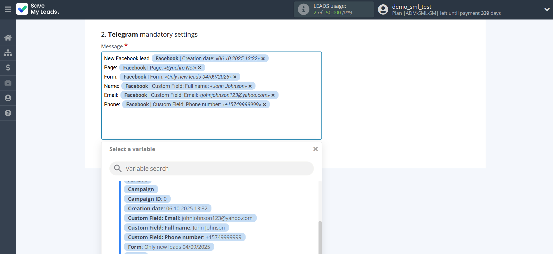 How to Connect Facebook with Telegram | Assigning fields
