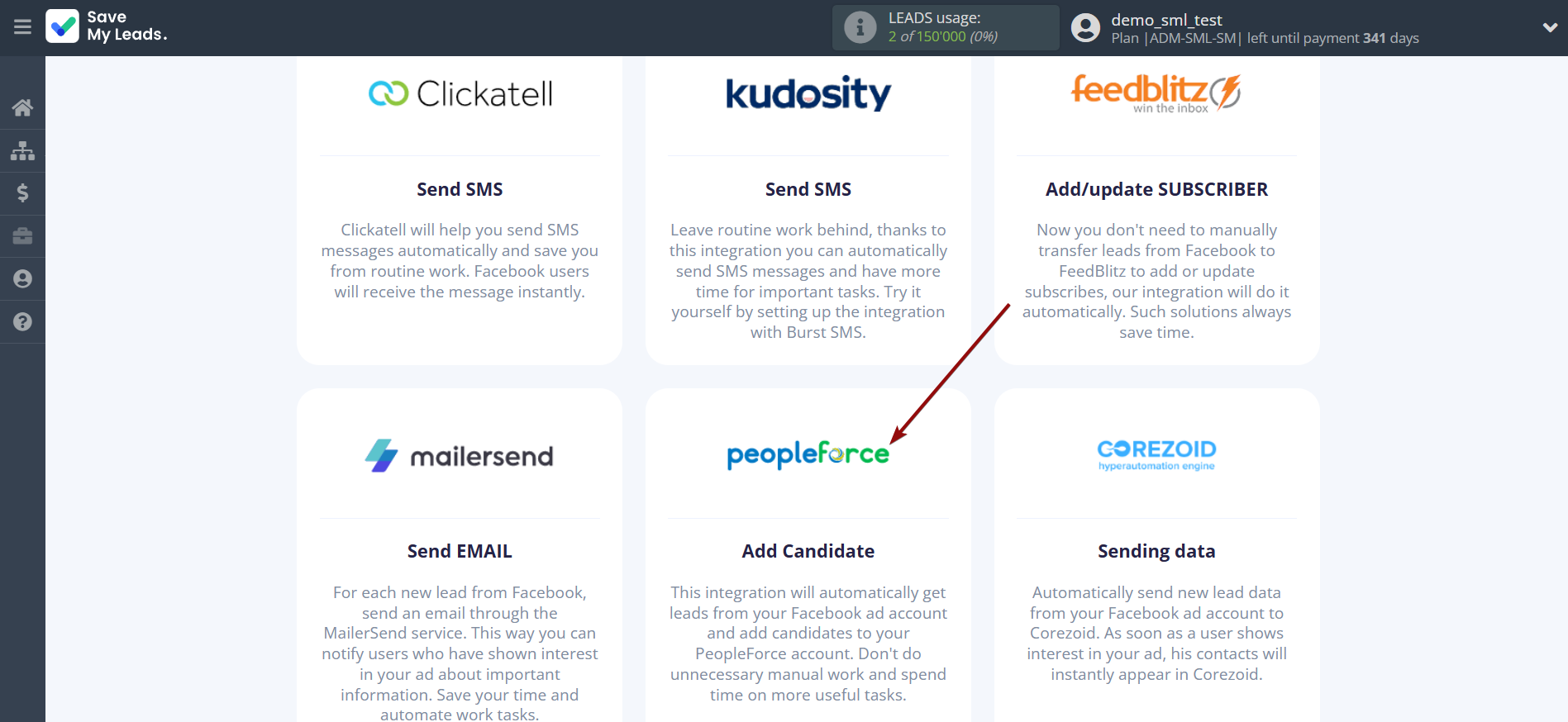 How to Connect Facebook with PeopleForce Add Candidate | Data Destination system selection