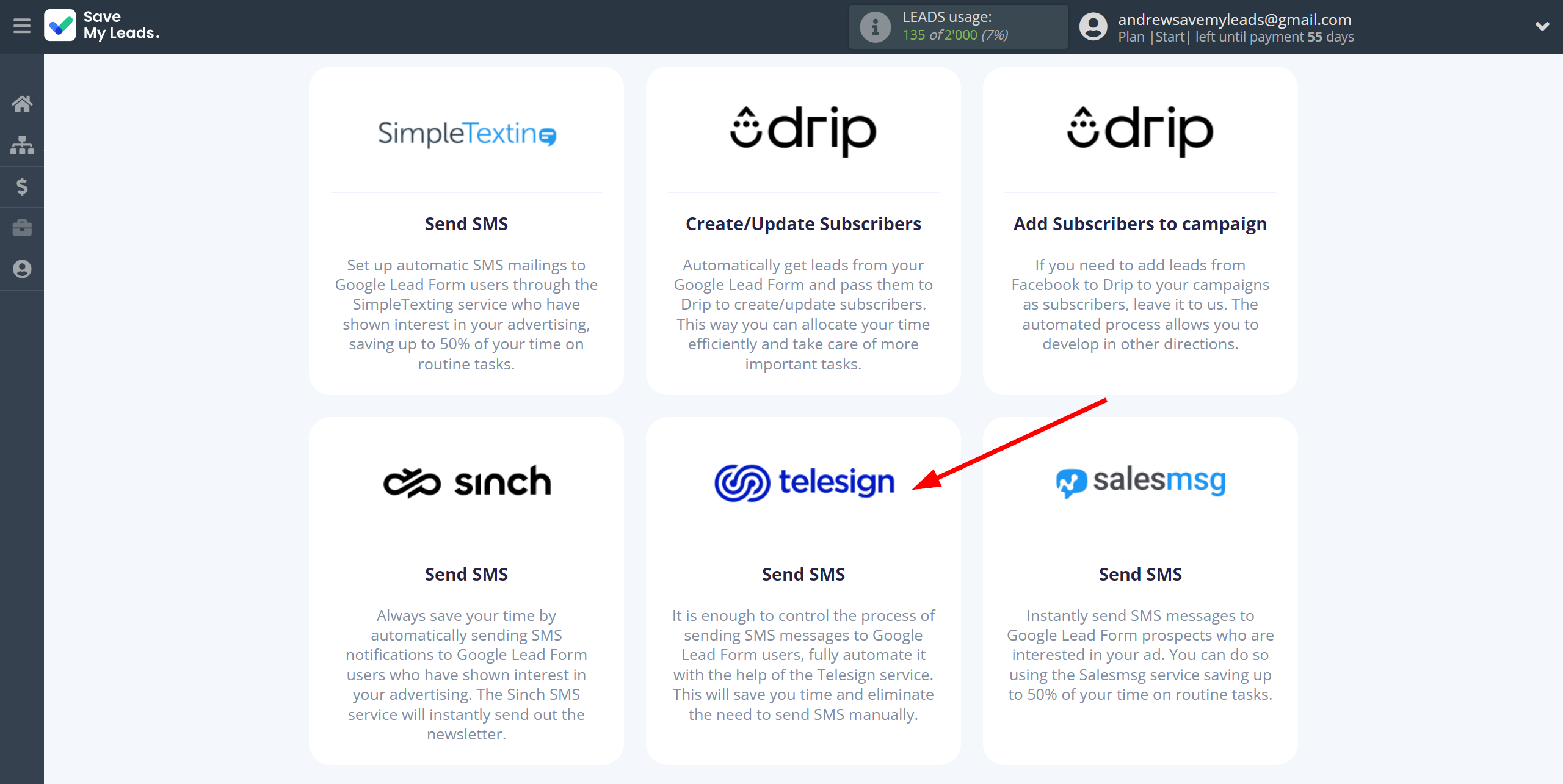 How to Connect Google Lead Form with Telesign | Data Destination system selection