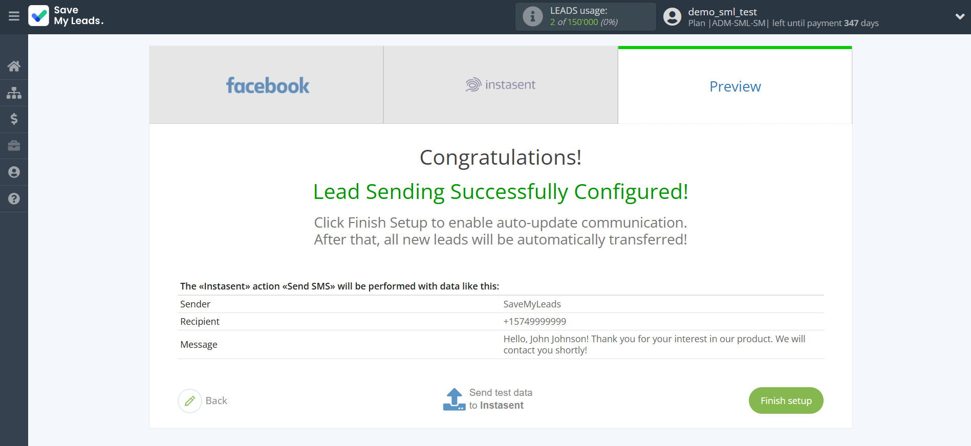 How to Connect Facebook with Instasent | Test data